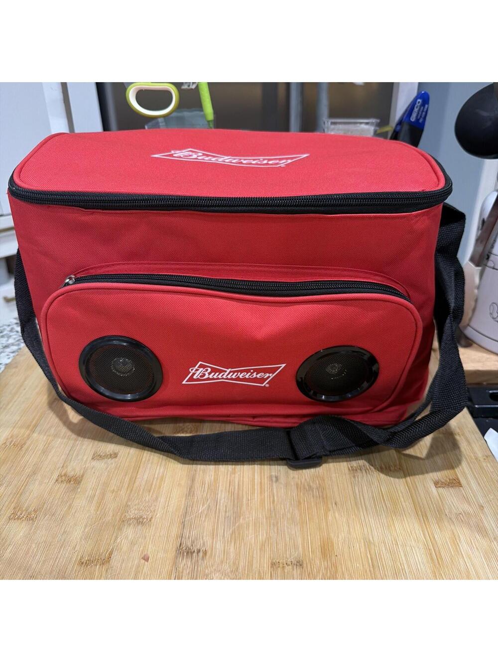 BUDWEISER Insulated Cooler Bag with Bluetooth Speakers, Adjustable Strap *